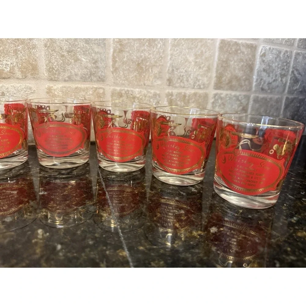 8 VTG Mid Century Modern Red Gold Whiskey Sour Old‎ Fashioned Bourbon Glasses